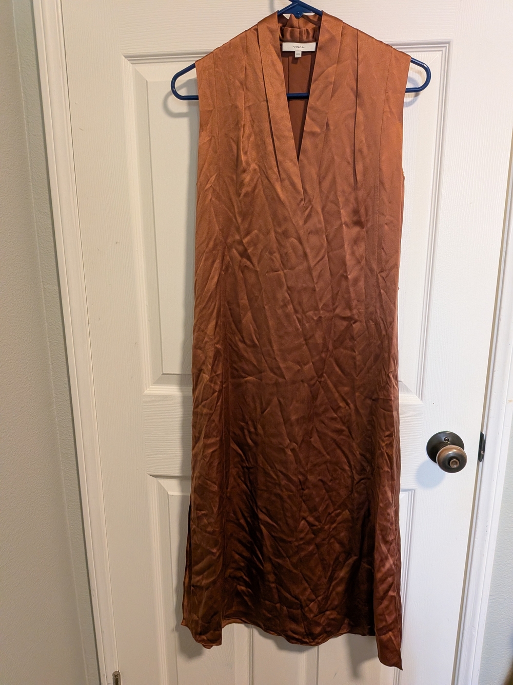 Vince 100% Silk Rust/Copper Satin V-Neck Maxi Dress - Xxs